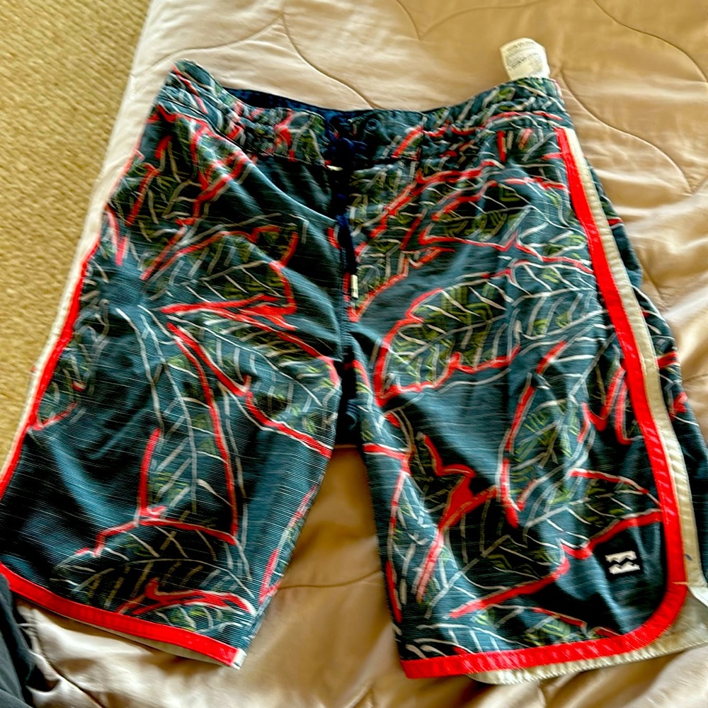 BILLABONG Recycler Board Shorts 31 Colorful Stretch Pocket Surf Black Green Blue